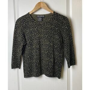 Nina Leonard Green Leopard Print Lambswool Blend Sweater Women's Petite Large